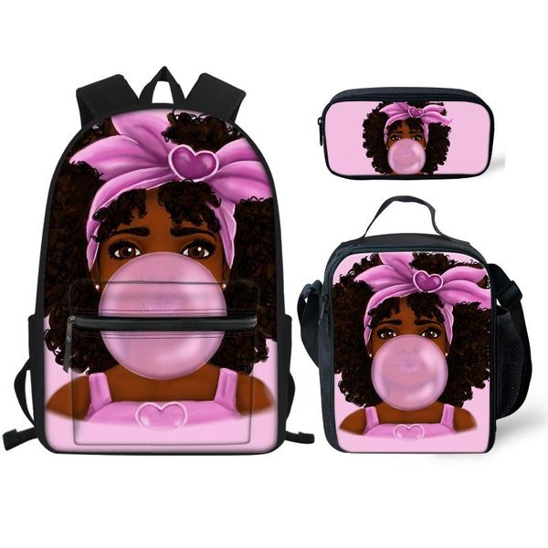 

school bags afro queen girls pattern black art african girl printing 3pcs/set kids backpack lunch pencil box mochila infantil