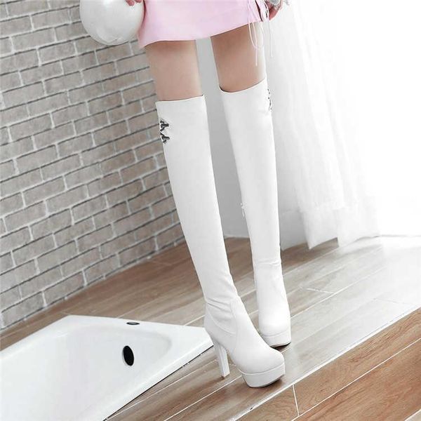 

boots winter knee women's super high heel waterproof platform large zipper thick round head, Black