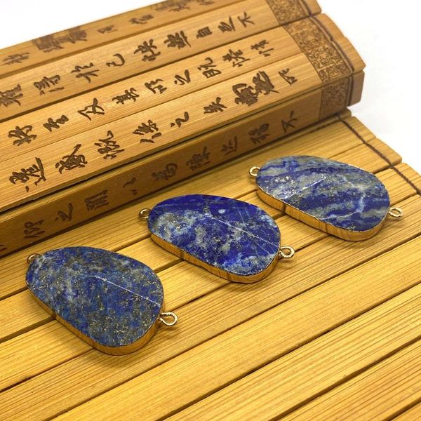 

charms natural stone pendant blue lapis lazuli irregular shape double hole edging can be diy creation and making charm jewelry earrings, Bronze;silver