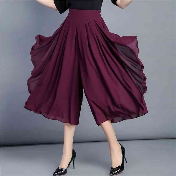 

calf length spring summer women shorts skirts chiffon high waist pleated skirt casual streetwear long loose female 210621, White;black