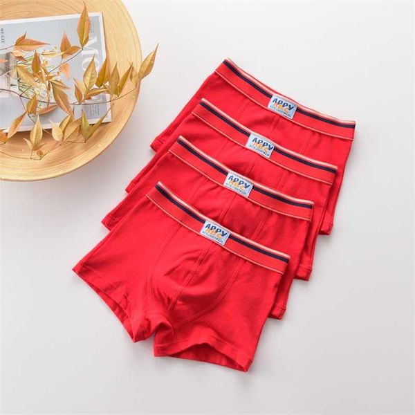 Alta Qualidade Crianças Underwear Sólida Red Color Boxers Para Meninos Adolescentes Coreanos Cerca de algodão macio cueca calcinha adolescente shorts 4 pcs / pack 211122