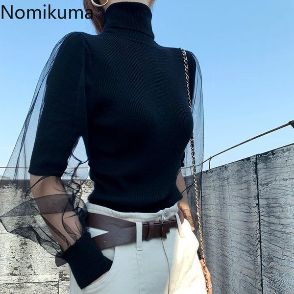 

nomikuma korean elegant turtleneck knitted basic korean mesh patchwork knitwear autumn winter women pullovers 6d483 210427, White;black
