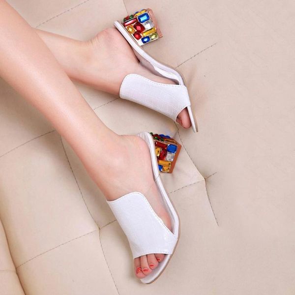 

slippers plus size summer shoes women open toe high heels dress rhinestone heeled pumps transparent slides woman n7180l, Black