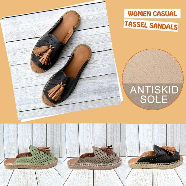 

sandals summer shoes women's 2021 slip-on tassel hollow flat beach weave slippers, Black