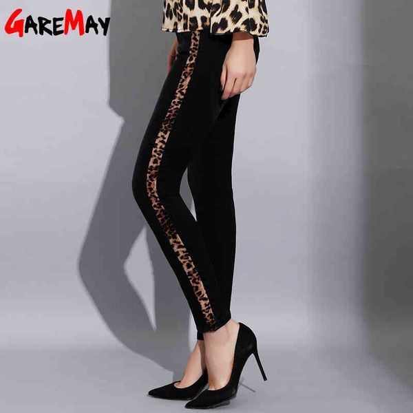 Mulheres magro cintura alta cintura jeans preto com listras sexy leopardo impressão listrado elástico lápis calças denim calças 210428
