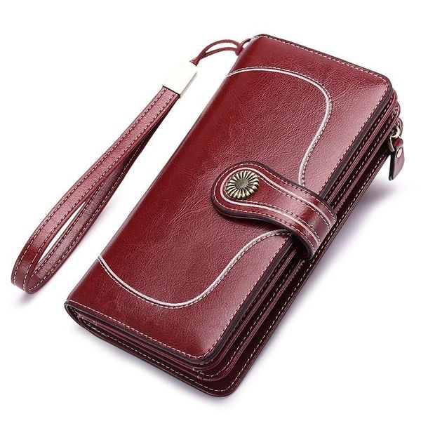 

wallets oil wax cow leather women's large capacity wallet long banknote clip, Red;black
