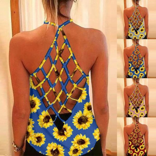 

yoga outfit women's summer sunflower print hollow out open back suspender vest sleeveless tank female backless loose camisole&tanks