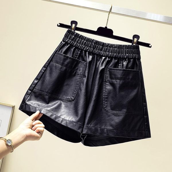

women's shorts black pu leather 2021 autumn faux short pants vintage elastic waist pockets loose m-4xl, White;black