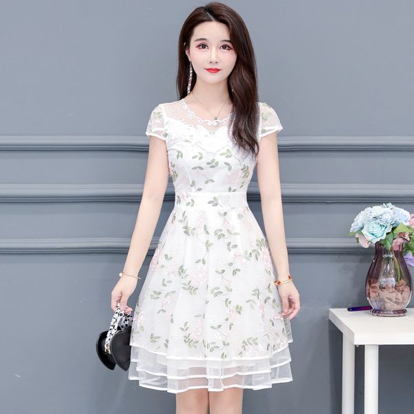 

medium-length summer lace dress womens mesh chiffon plus size white black es woman party night 175h 210420, Black;gray