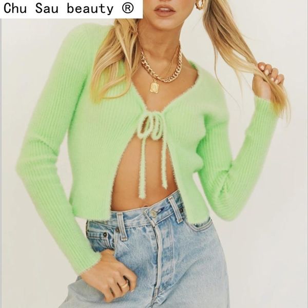 

women's knits & tees 2021 lace-up sweater cardigan short cropped slim vintage small coat solid color fashion female, White