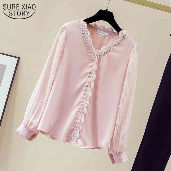 

autumn korean style lace ruffled v-neck woman's shirts women's chiffon blosue pleated puff long sleeve blusas 11161 210508, White