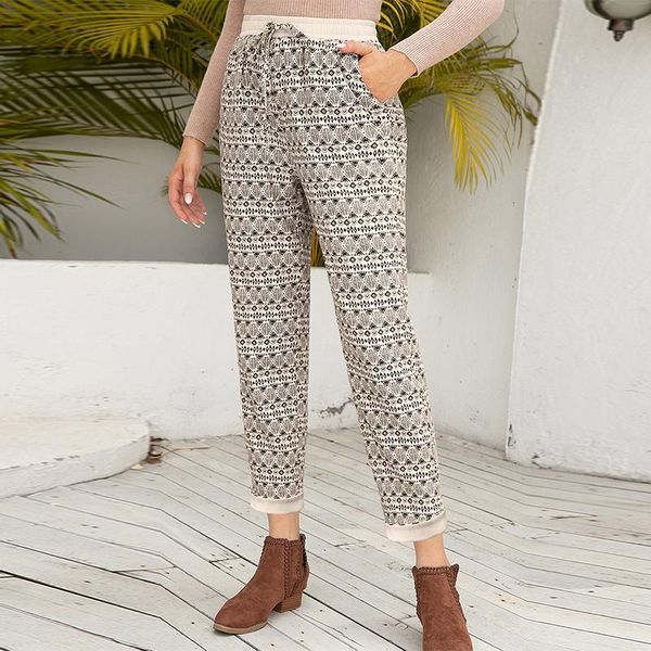 

women's pants & capris elegant lace-up loose ladies casual vintage printed straight-leg women fashion autumn winter warm cropped trouse, Black;white