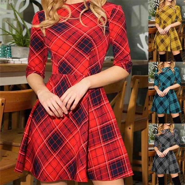 Neue Winter Weihnachten Rot Kariertes Kleid 3/4 Ärmel Schottisches Kariertes Dünnes Kleid Baumwolle Plaid Mini Weihnachtskleid Party Vestidos D30 210331