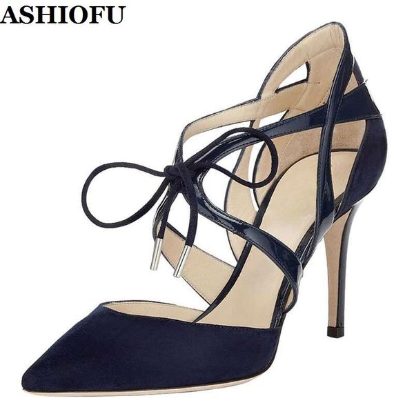 

dress shoes ashiofu handmade women's high heel pumps cross lace-up party prom faux-suede plus size evening fashion court, Black