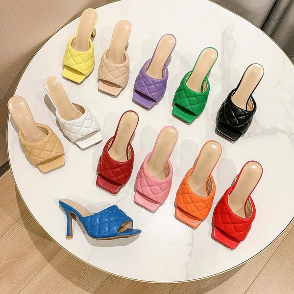 

9cm ladies sandals slippers brand design women square sandaly toe thin high heels summer outdoor beach shoes with box, Black