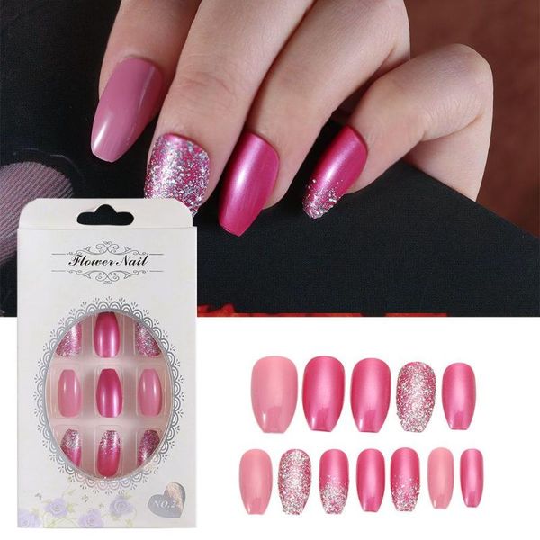 

false nails 24pcs/box coffin artificial detachable full cover nail tips fake pink glitter ballerina wearable, Red;gold
