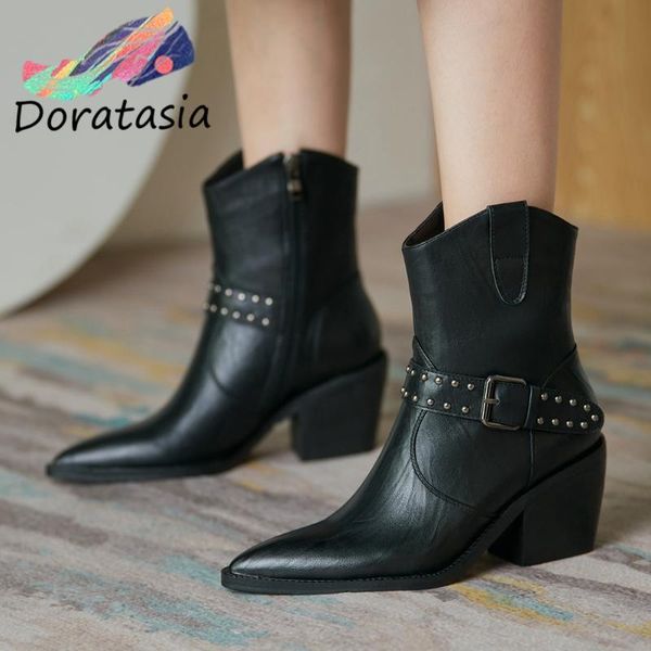 

boots brand chic big size 43 chunky zipper rivets great quality western booties winter shoes women, Black