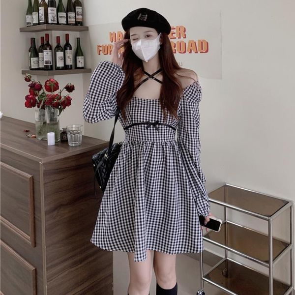 

casual dresses slim plaid a-line short dress sqaure collar chic vintage preppy style autumn women bow fashion female clothing, Black;gray