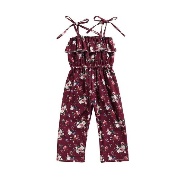 

jumpsuits children floral print tie-up romper girls sleeveless high waist long sling jumpsuit with ruffles, Blue