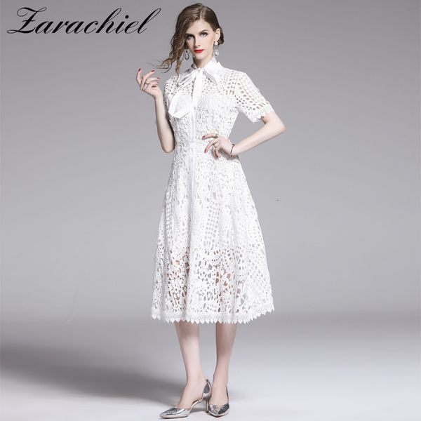 

dresses summer women hollow out water soluble lace elegant belt bow short sleeve single-breasted midi party, Black;gray