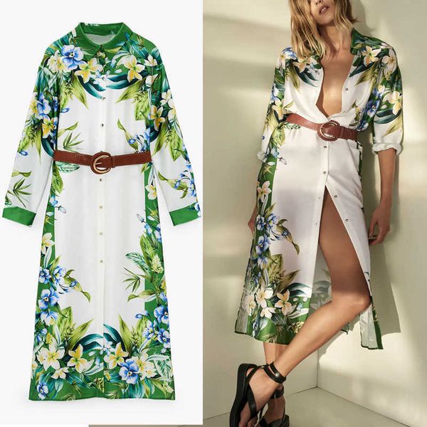 

za green long belted shirt dress women vintage long sleeve side vents party dresses woman fashion front button vestidos 210602, Black;gray
