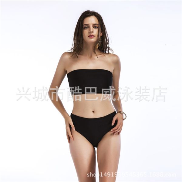 

women's high waist split bikini swimsuit solid color bra bik, Red;black