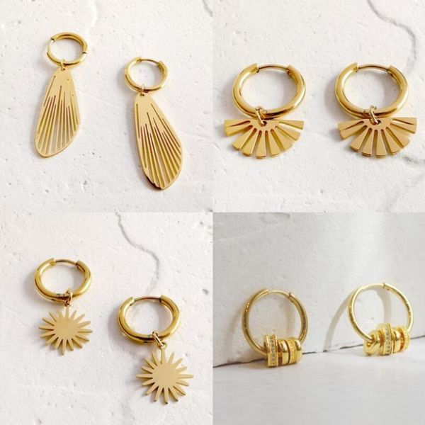 

hoop & huggie 316l stainless steel star wing round buckle earrings for women party gifts net trend fine advanced jewelry sae688, Golden;silver