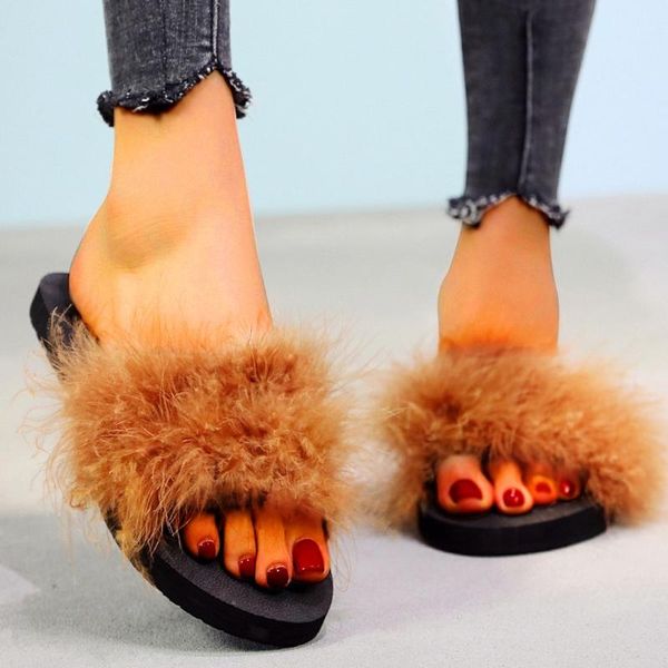 

slippers women home winter warm shoes woman open toe low heel flat colorful slides female faux fur 36-40, Black
