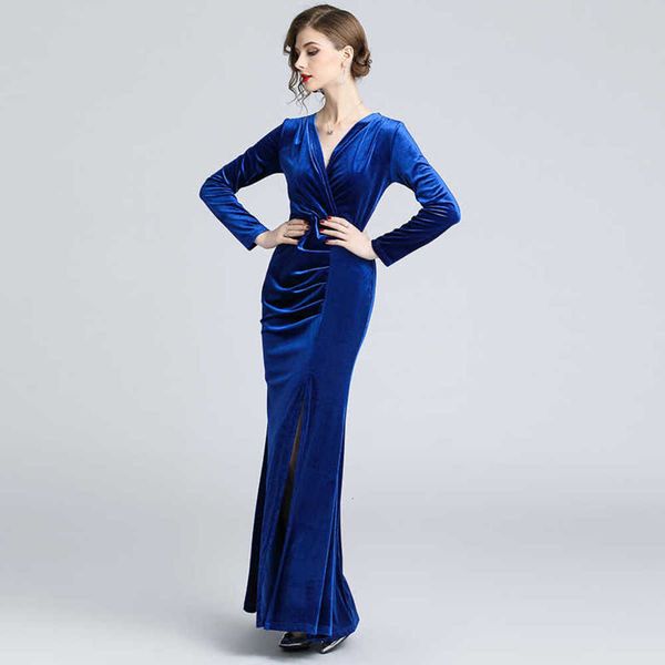 

women's fashion autumn and winter v-neck long sleeve pleated slit banquet evening dress, White;black