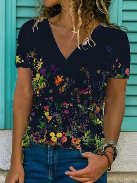 

2021 european and american new flower print casual v-neck women's short sleeve t-shirt, White