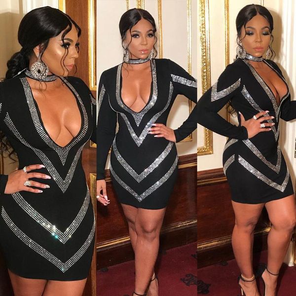 

casual dresses ahvit sparkly diamonds long sleeve sweater dress deep black v neck sheath spring back zipper party mini f82, Black;gray
