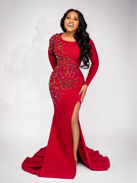 

party dresses charming red plus size evening gowns long sleeves crystals beaded side slit aso ebi women mermaid prom custom made, White;black