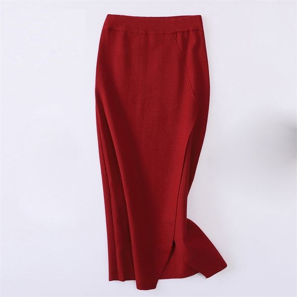 

women's autumn winter skirt korean style high waist split knit all-match casual female bottom s ll465 210506, Black