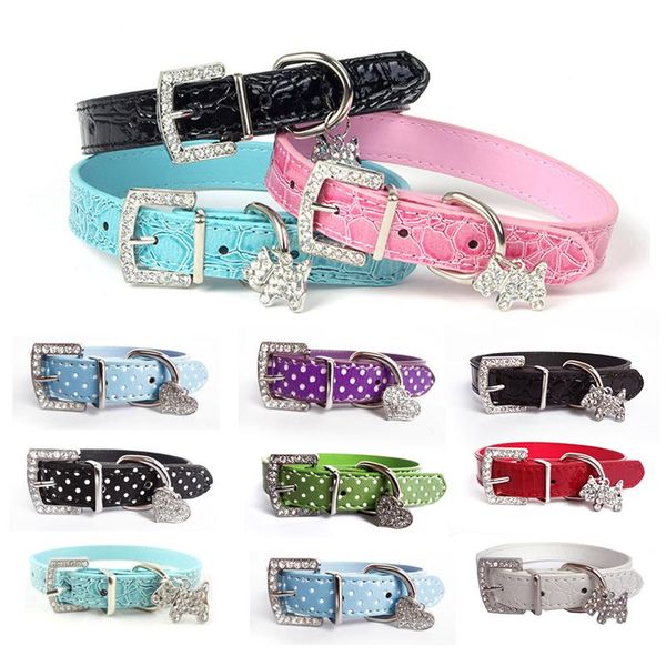 

dog collars & leashes crystal rhinestone pendant puppy collar adjustable pu leather pet for small medium dogs leash supplies perros mascota