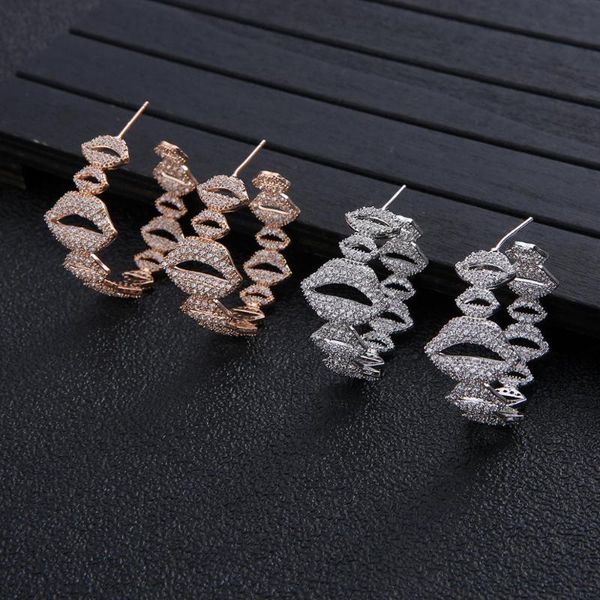 

luxury lips cubic zircon big statement hoop earrings for women wedding dubai bridal circle hoop earrings e7960, Golden;silver