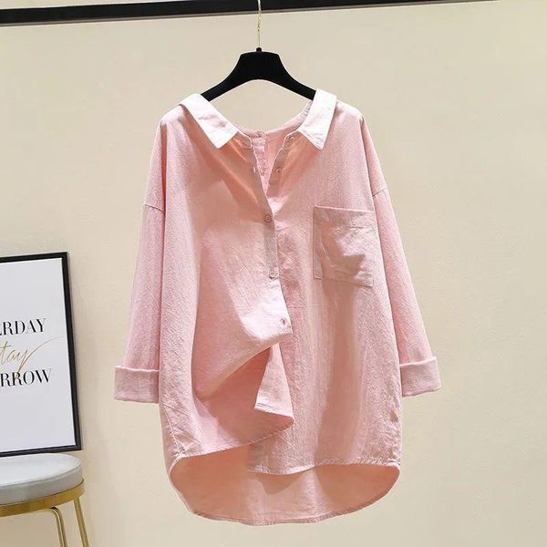 

women's blouses & shirts cotton 100% solid women summer 2021 vintage turn-down collar long-sleeved pocket casual female outwear coats, White