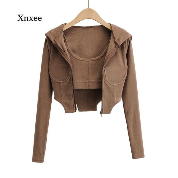

women's jackets irregular hoodie 2piece suit y2k women strethy hood jacket sling set japanese fashion ladies crop camis outwear clothin, Black;brown