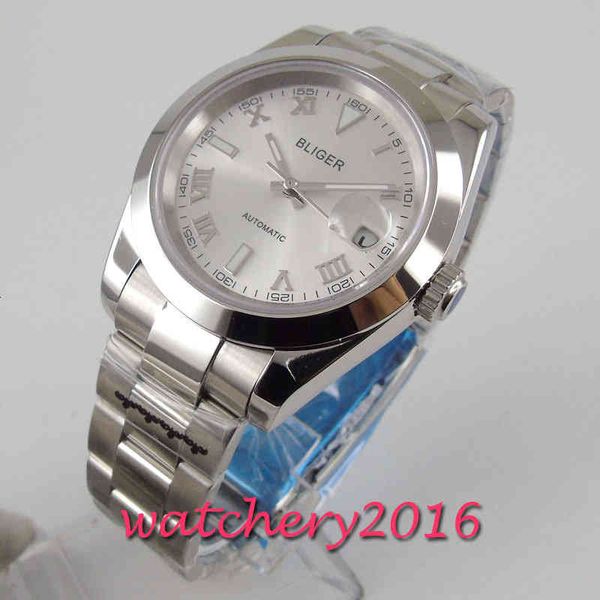

roman 40 dial mm bliger numerals solid case date window saffierglas automatic mens watch, Slivery;brown