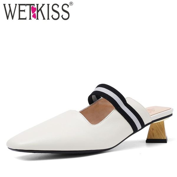 

slippers wetkiss unusual heel high women square toe footwear fashion slides shoes female cow leather mules woman summer, Black