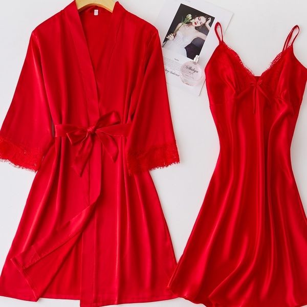 

women's sleepwear satin bride wedding robe summer bathrobe for women bridesmaid ice silk kimono bath gown intimate lingerie l, Black;red