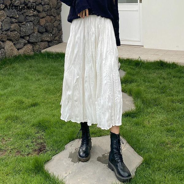 

skirts skirt women spring folds elastic waist casual solid pleated lady fashion all-match simple white 2021 charm, Black