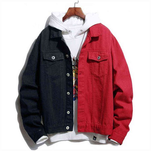 

fashion patchwork denim jacket men spring autumn cotton casual jean jackets men streetwear black red hip hop denim outwear coat y1122, Black;brown