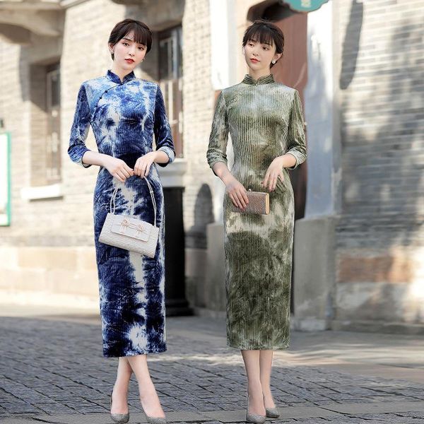 

ethnic clothing autumn women seven points sleeve tie-dye corduroy qipao elegant orientale banquet mandarin collar cheongsam oversize 2xl, Red
