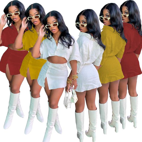

summer women's cotton linen hemp material shirt and mini skirt casual two piece size set short sleeve and split side dress for ladies, White