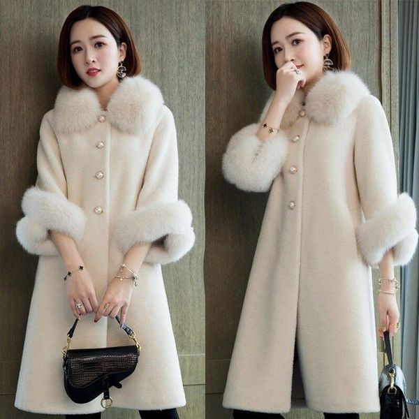 

women's fur & faux autumn winter women leisure sheep shearing maxi coat long coats for collar loose granular ladies fake jacket, Black