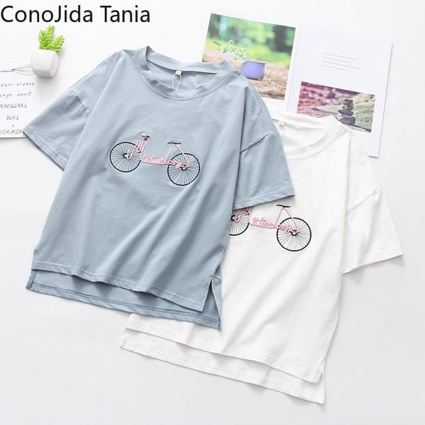 

women's t-shirt korean round neck auto embroidery short sleeve pullover, White