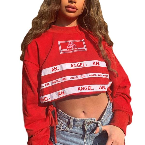 

women hoodie drawstring hem letter printed full length regular sleeve round neck exposed navel loose crop women's hoodies & sweatshirts, Black