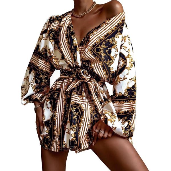 

casual dresses v neck boho floral print fashion dress lantern sleeve tie-up long mini party ladies chic female vestidos, Black;gray