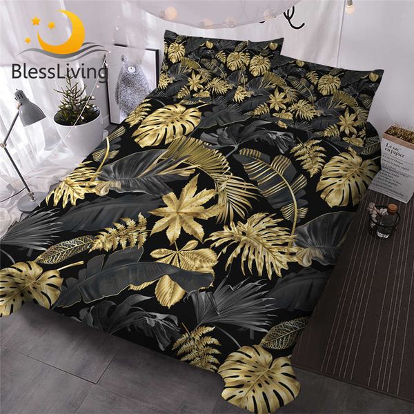 Blessliving Nature Inspirado Bedding Set Tropical Monstera e Palm Folhas 3 Piece Preto Gold Na moda Duveta Tampa Botânica Chique 210615