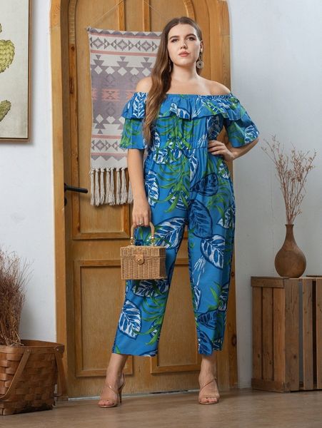 

plus tropical print off shoulder ruffle trim jumpsuit c4dp#, Black